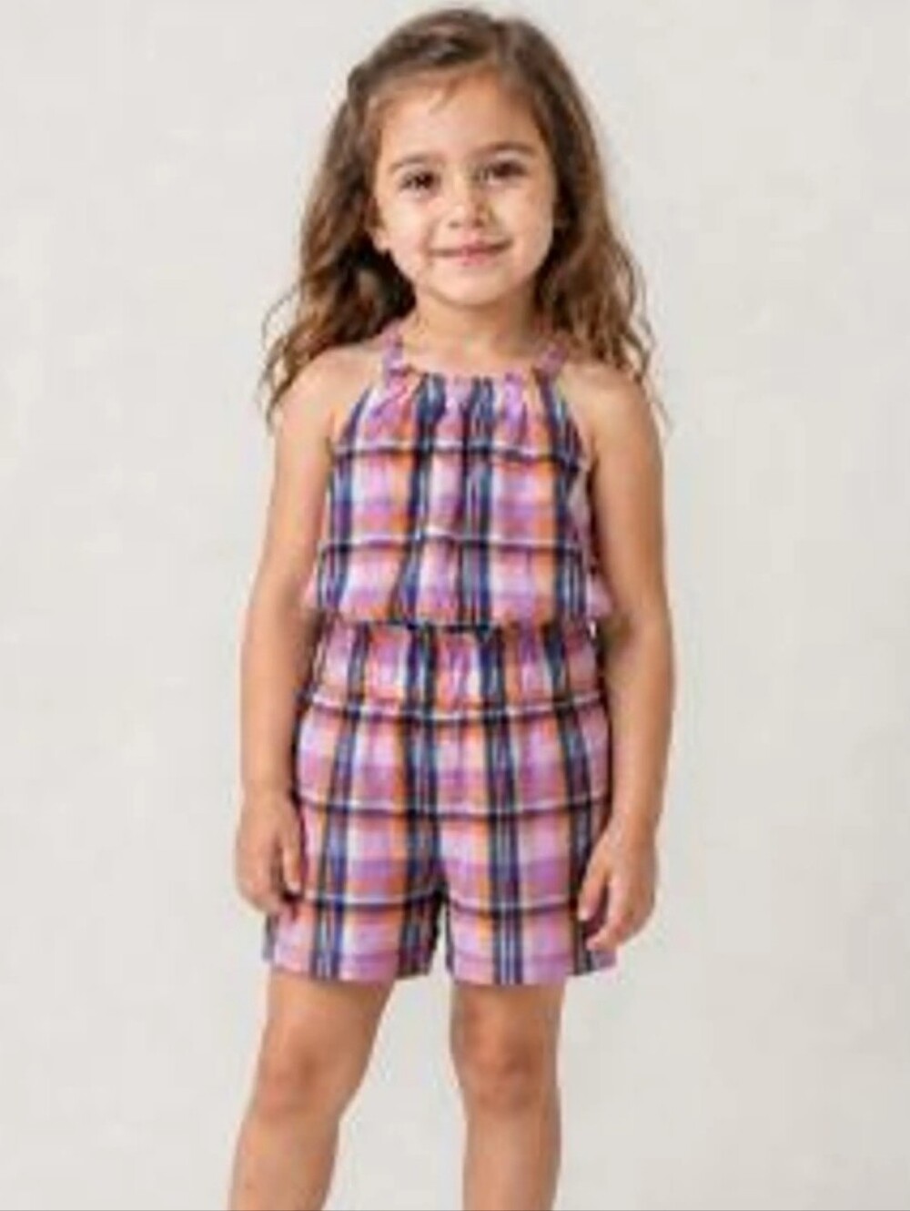 Art Class Plaid Halter Neck Romper In Lavender, Peach, Orange, And Blue Tones